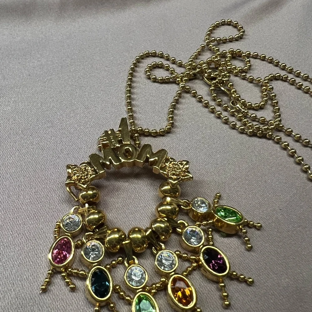 #1 Mom Gold Multicolor Pendant Necklace with birthstone kid charms. - Picture 2 of 2